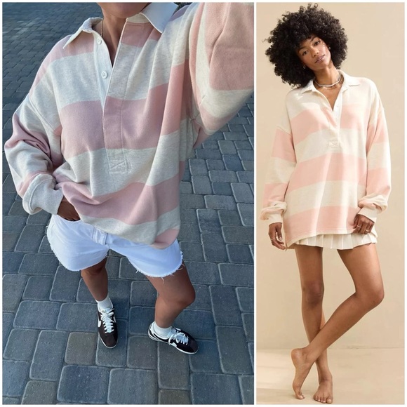 aerie Tops - Aerie Prep Rally Rugby Stripe Sweatshirt Pink Oversized Preppy.         22